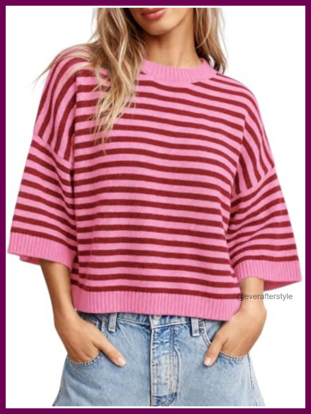 Women Striped Knit Pullover Sweater Crew Neck